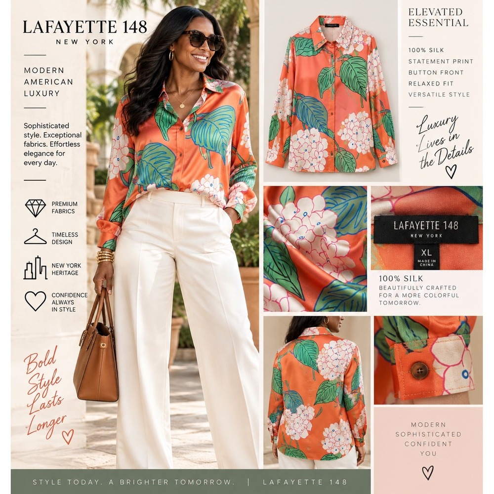 Lafayette 148 New York XL 100% Silk Blouse Coral Floral Button Front Luxury